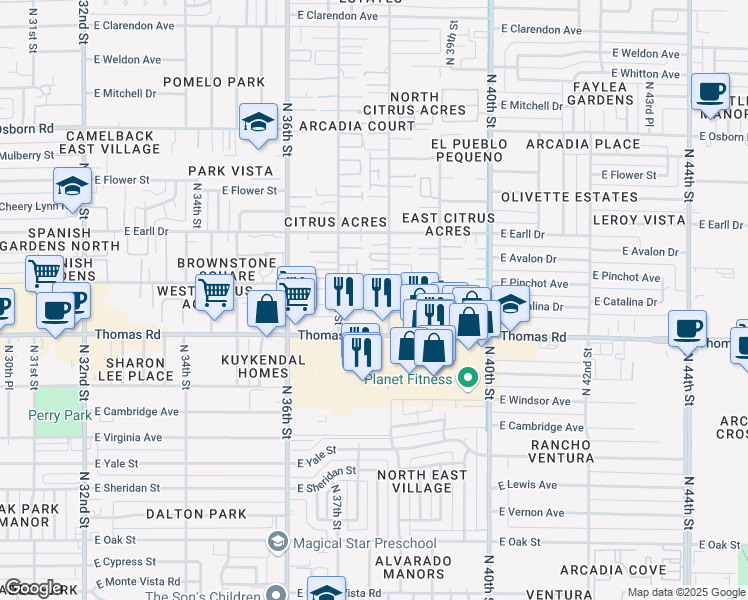 map of restaurants, bars, coffee shops, grocery stores, and more near 2930 North 38th Street in Phoenix