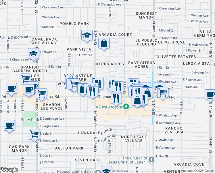 map of restaurants, bars, coffee shops, grocery stores, and more near 2922 North 37th Street in Phoenix