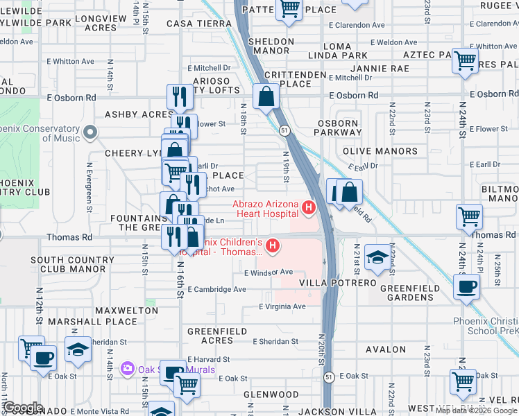 map of restaurants, bars, coffee shops, grocery stores, and more near 2938 North 18th Place in Phoenix