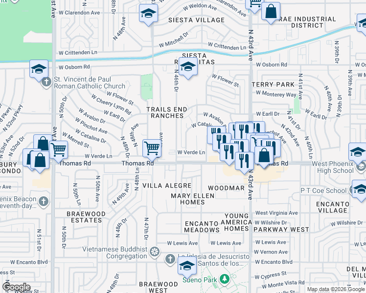 map of restaurants, bars, coffee shops, grocery stores, and more near 4614 West Verde Lane in Phoenix