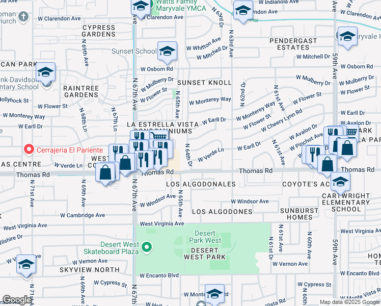 map of restaurants, bars, coffee shops, grocery stores, and more near 6438 West Verde Lane in Phoenix