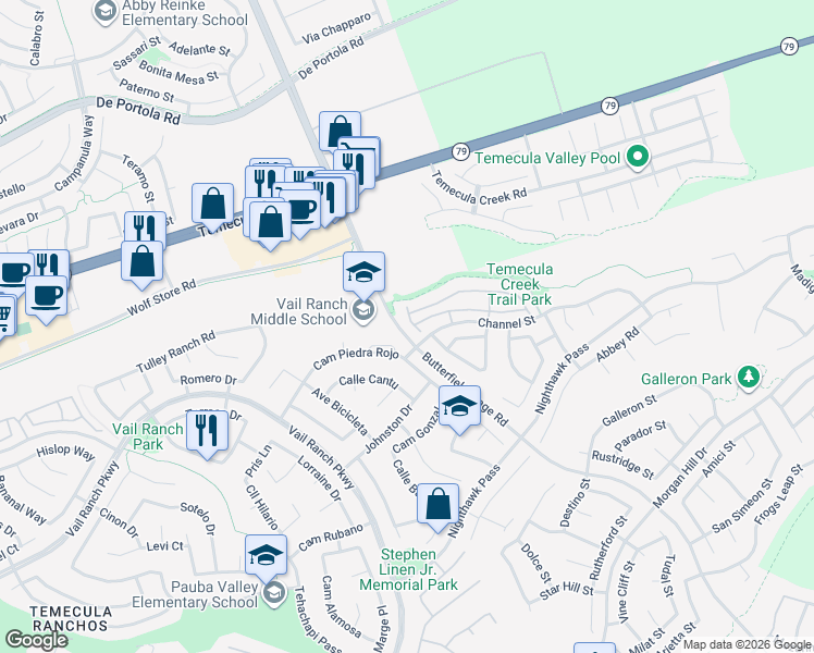 map of restaurants, bars, coffee shops, grocery stores, and more near 33417 Emerson Way in Temecula