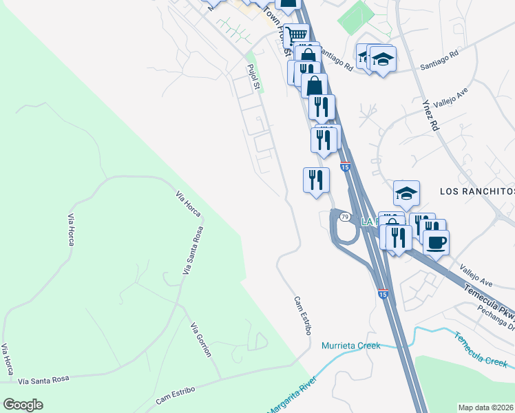 map of restaurants, bars, coffee shops, grocery stores, and more near 29595 Camino Estribo in Temecula