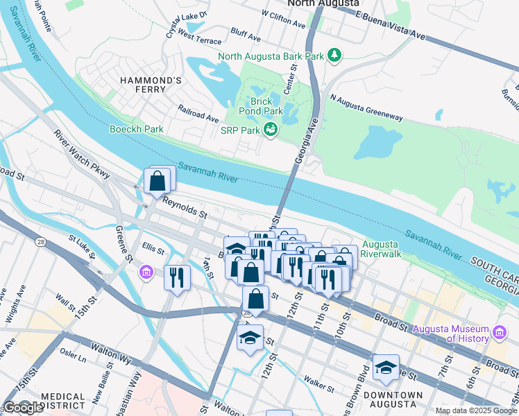 map of restaurants, bars, coffee shops, grocery stores, and more near 1307 Waters Edge Drive in Augusta