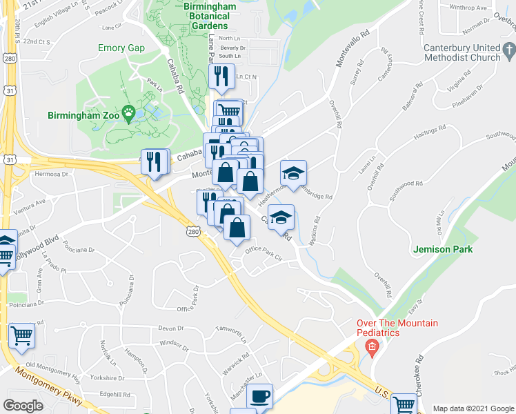 map of restaurants, bars, coffee shops, grocery stores, and more near 2414 Heathermoor Road in Mountain Brook