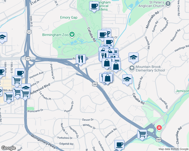 map of restaurants, bars, coffee shops, grocery stores, and more near 2310 Brook Manor Drive in Mountain Brook