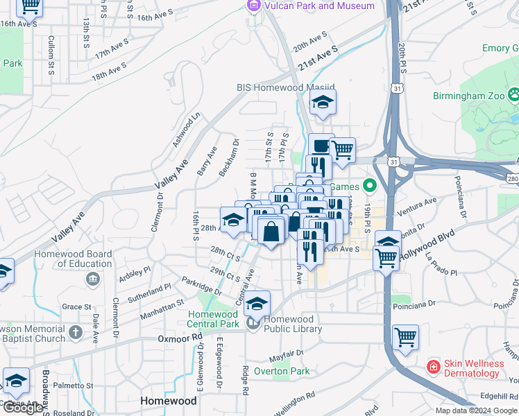 map of restaurants, bars, coffee shops, grocery stores, and more near 2712 17th Street South in Birmingham