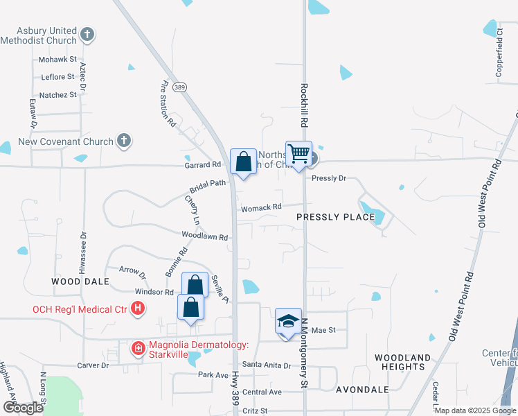 map of restaurants, bars, coffee shops, grocery stores, and more near 229 Womack Road in Starkville