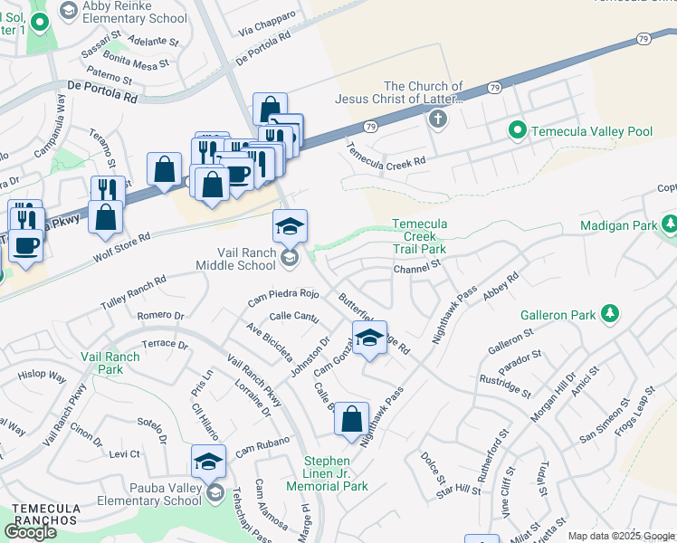 map of restaurants, bars, coffee shops, grocery stores, and more near 33417 Emerson Way in Temecula