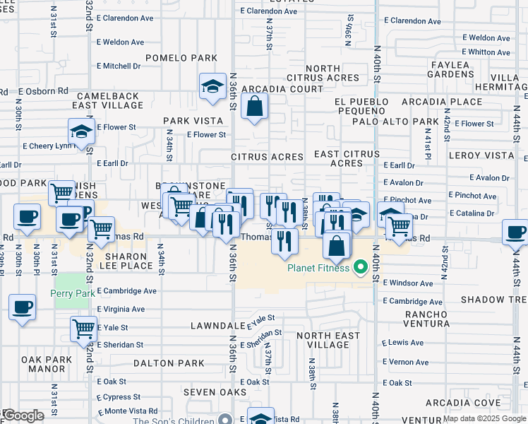map of restaurants, bars, coffee shops, grocery stores, and more near 2922 North 37th Street in Phoenix