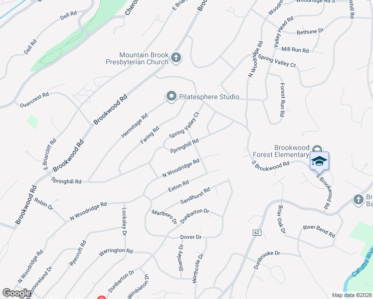 map of restaurants, bars, coffee shops, grocery stores, and more near 3593 Springhill Road in Birmingham