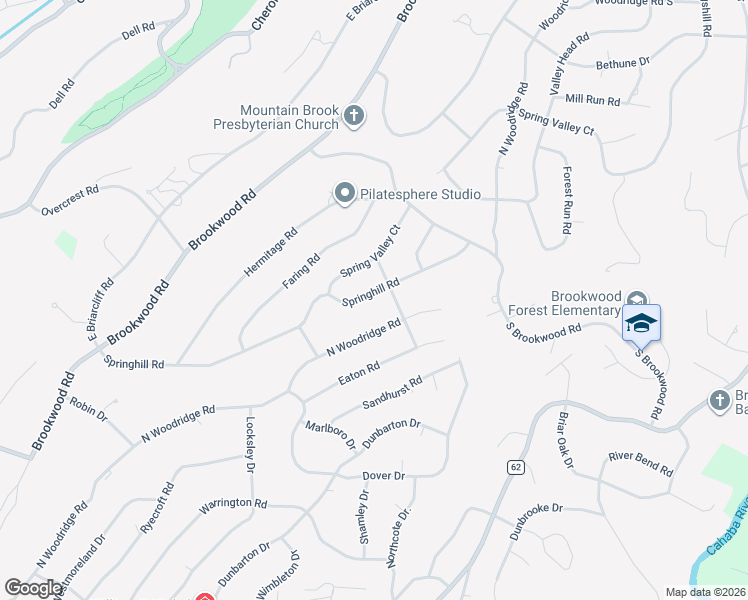 map of restaurants, bars, coffee shops, grocery stores, and more near 3593 Springhill Road in Birmingham