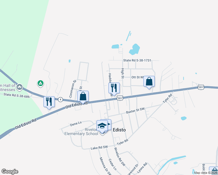 map of restaurants, bars, coffee shops, grocery stores, and more near 110 Haddock Road Northwest in Orangeburg