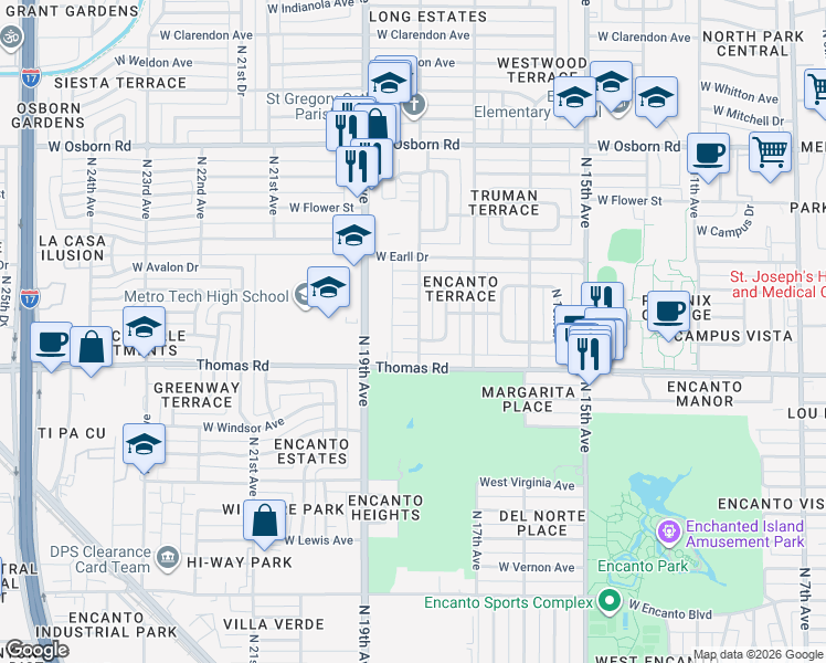 map of restaurants, bars, coffee shops, grocery stores, and more near 2928 North 18th Avenue in Phoenix