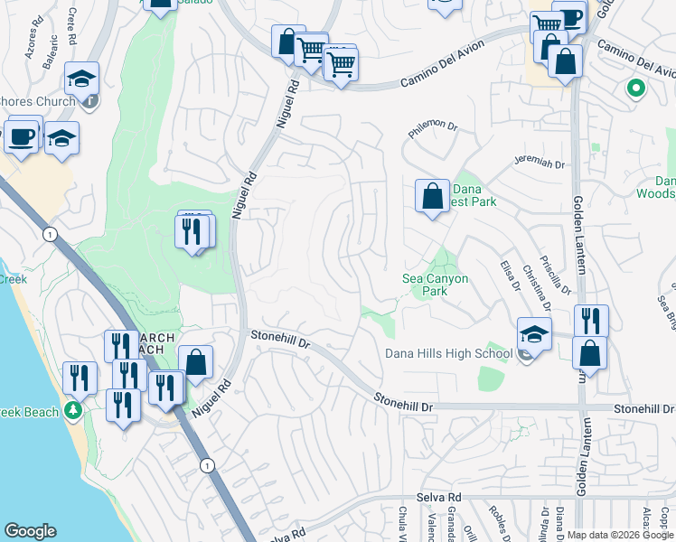 map of restaurants, bars, coffee shops, grocery stores, and more near 27 Gavina in Dana Point