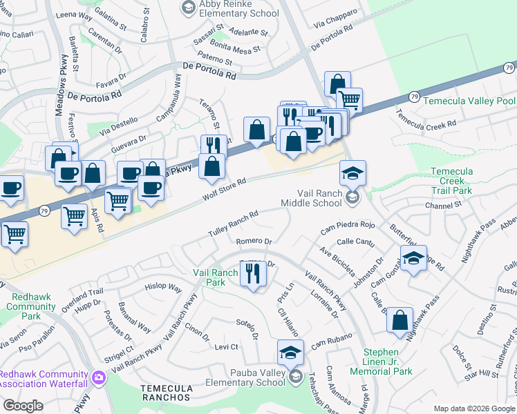 map of restaurants, bars, coffee shops, grocery stores, and more near 33004 Tulley Ranch Road in Temecula