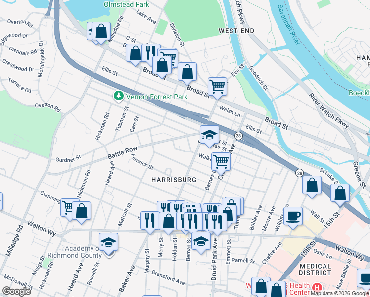 map of restaurants, bars, coffee shops, grocery stores, and more near 2008 Walker Saint Exd in Augusta