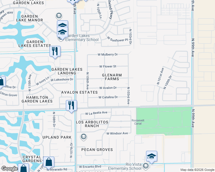 map of restaurants, bars, coffee shops, grocery stores, and more near 10442 West Avalon Drive in Avondale