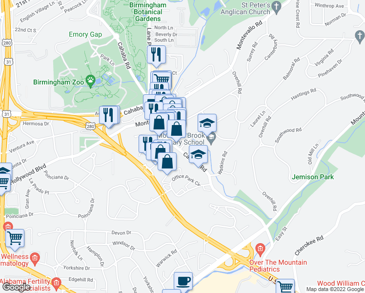 map of restaurants, bars, coffee shops, grocery stores, and more near 2422 Heathermoor Road in Birmingham