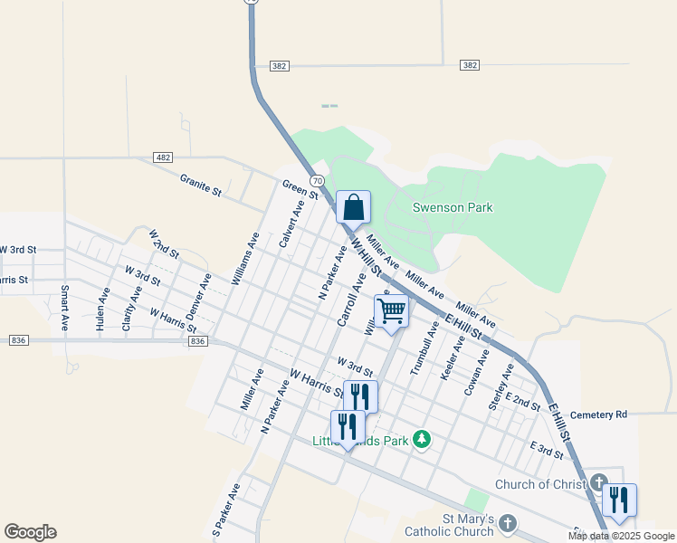 map of restaurants, bars, coffee shops, grocery stores, and more near 301-399 West 1st Street in Spur
