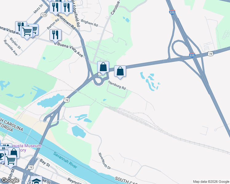 map of restaurants, bars, coffee shops, grocery stores, and more near 416 Carpentersville Road in North Augusta