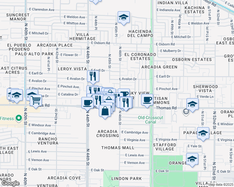 map of restaurants, bars, coffee shops, grocery stores, and more near 2950 North 46th Street in Phoenix