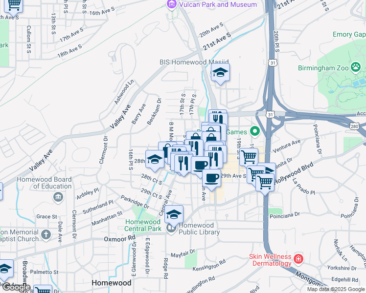 map of restaurants, bars, coffee shops, grocery stores, and more near 2712 17th Street South in Birmingham