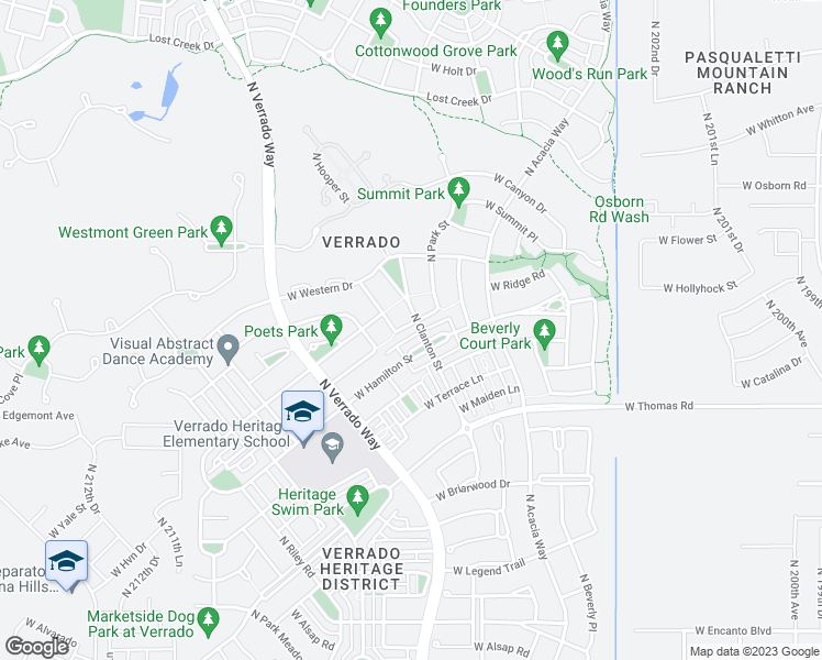 map of restaurants, bars, coffee shops, grocery stores, and more near 20693 West Ridge Road in Buckeye