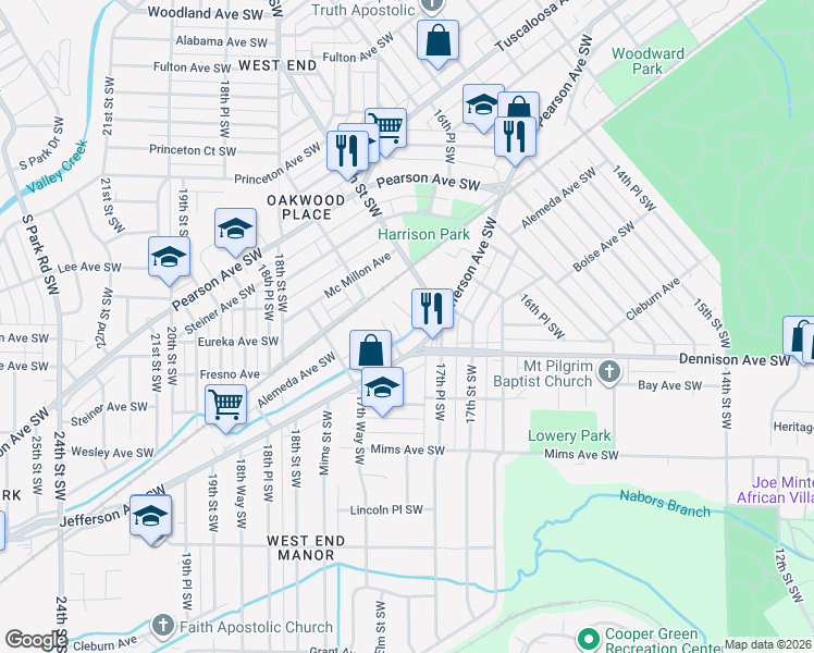 map of restaurants, bars, coffee shops, grocery stores, and more near 1720 Jefferson Avenue Southwest in Birmingham