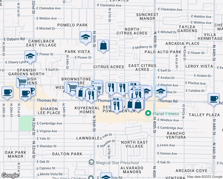 map of restaurants, bars, coffee shops, grocery stores, and more near 2922 North 37th Street in Phoenix
