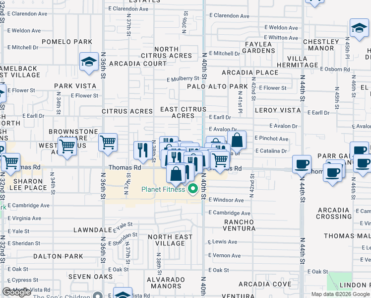 map of restaurants, bars, coffee shops, grocery stores, and more near 2929 North 39th Street in Phoenix