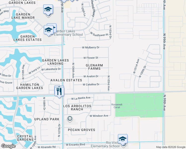 map of restaurants, bars, coffee shops, grocery stores, and more near 10442 West Avalon Drive in Avondale