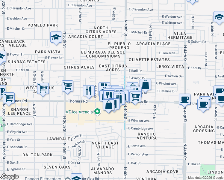 map of restaurants, bars, coffee shops, grocery stores, and more near 2929 North 39th Street in Phoenix