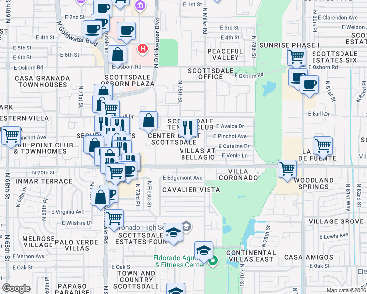 map of restaurants, bars, coffee shops, grocery stores, and more near 7510 East Thomas Road in Scottsdale