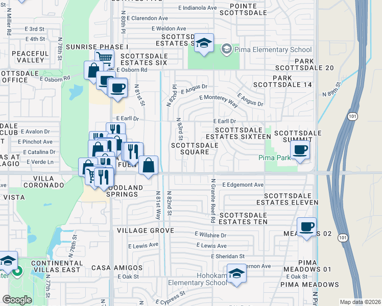 map of restaurants, bars, coffee shops, grocery stores, and more near 2979 North 83rd Place in Scottsdale