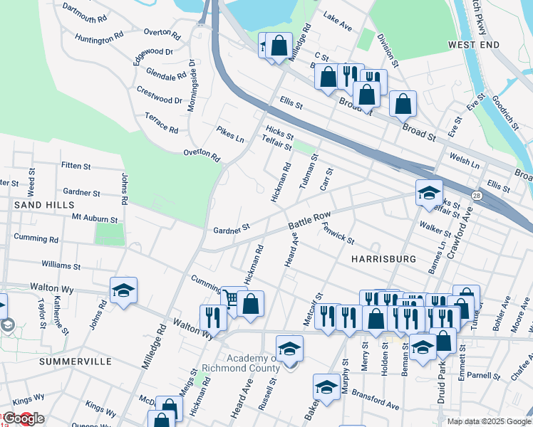 map of restaurants, bars, coffee shops, grocery stores, and more near 2101 Gardner Street in Augusta