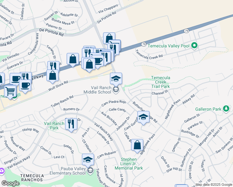 map of restaurants, bars, coffee shops, grocery stores, and more near 33340 Camino Piedra Rojo in Temecula