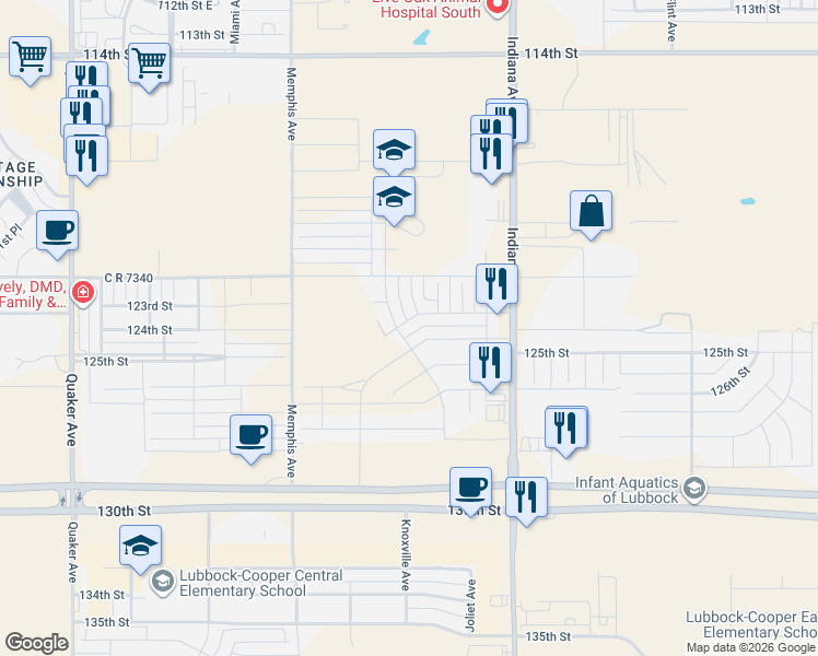 map of restaurants, bars, coffee shops, grocery stores, and more near 122nd Street in Lubbock