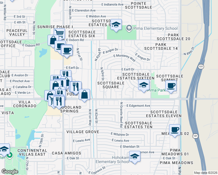 map of restaurants, bars, coffee shops, grocery stores, and more near 2979 North 83rd Place in Scottsdale
