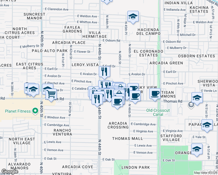 map of restaurants, bars, coffee shops, grocery stores, and more near 4488 East Thomas Road in Phoenix