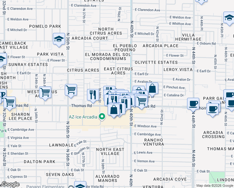 map of restaurants, bars, coffee shops, grocery stores, and more near 2929 North 39th Street in Phoenix