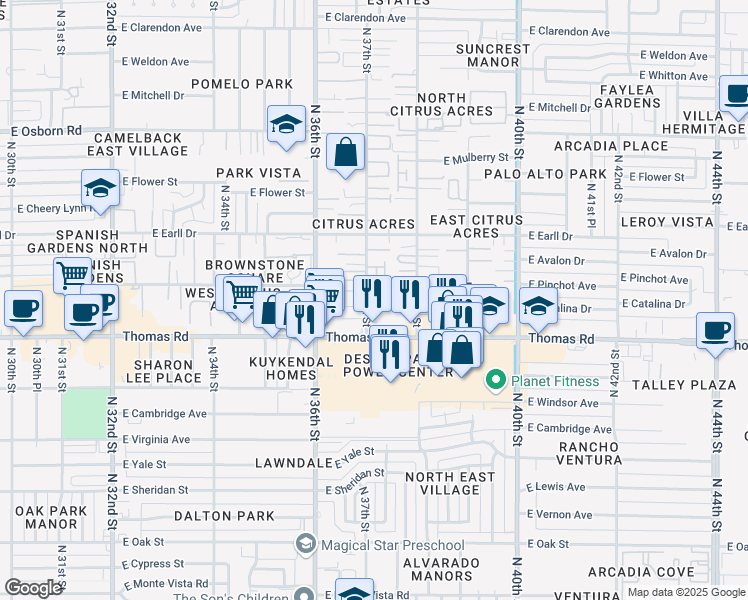 map of restaurants, bars, coffee shops, grocery stores, and more near 2922 North 37th Street in Phoenix