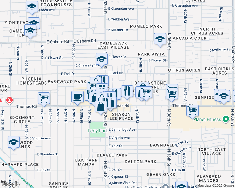 map of restaurants, bars, coffee shops, grocery stores, and more near 3247 East Pinchot Avenue in Phoenix