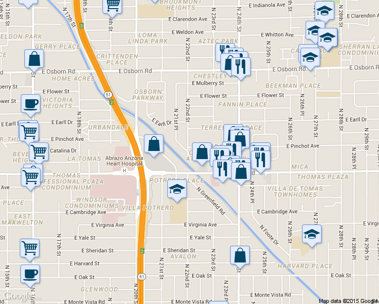 map of restaurants, bars, coffee shops, grocery stores, and more near 2930 North 21st Place in Phoenix