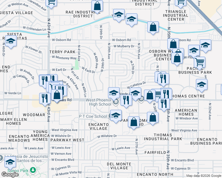 map of restaurants, bars, coffee shops, grocery stores, and more near 2936 North 39th Avenue in Phoenix