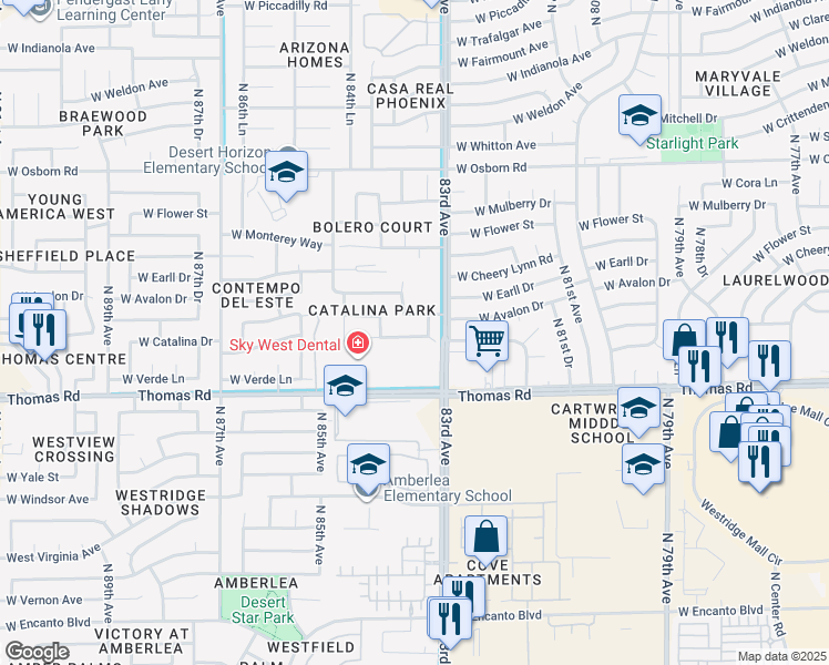 map of restaurants, bars, coffee shops, grocery stores, and more near 8323 West Catalina Drive in Phoenix