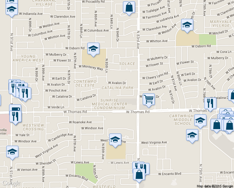 map of restaurants, bars, coffee shops, grocery stores, and more near 8405 West Catalina Drive in Phoenix