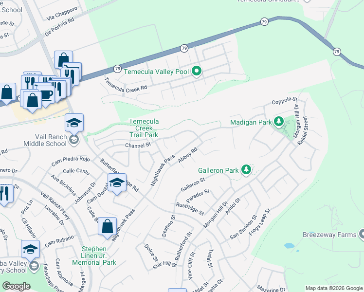 map of restaurants, bars, coffee shops, grocery stores, and more near 33878 Abbey Road in Temecula