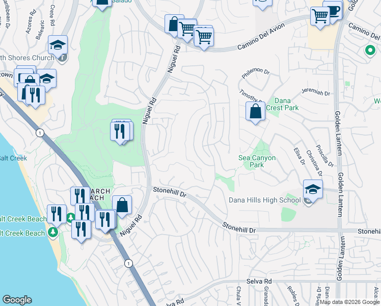map of restaurants, bars, coffee shops, grocery stores, and more near 33 Marbella in Dana Point