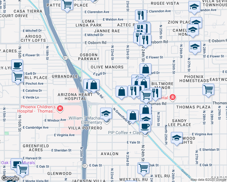 map of restaurants, bars, coffee shops, grocery stores, and more near 2930 North 21st Place in Phoenix
